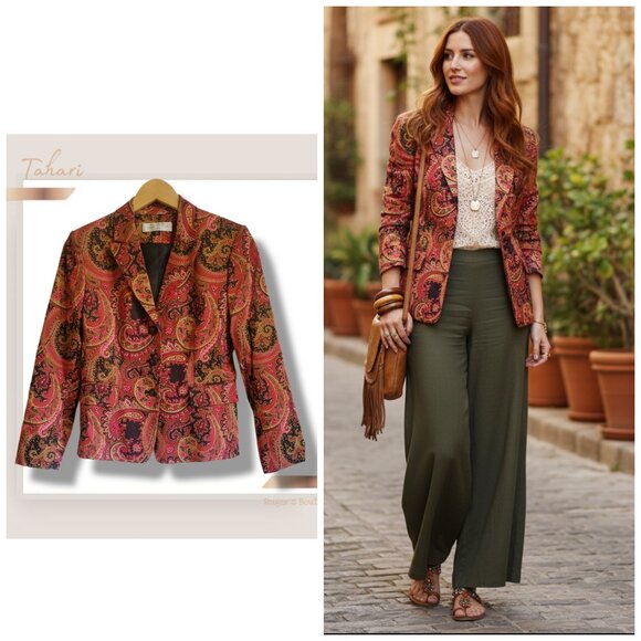 🌿Tahari Petite 6 Boho Paisley Blazer Jacket Arthur S. Levine Trendy - Picture 1 of 15